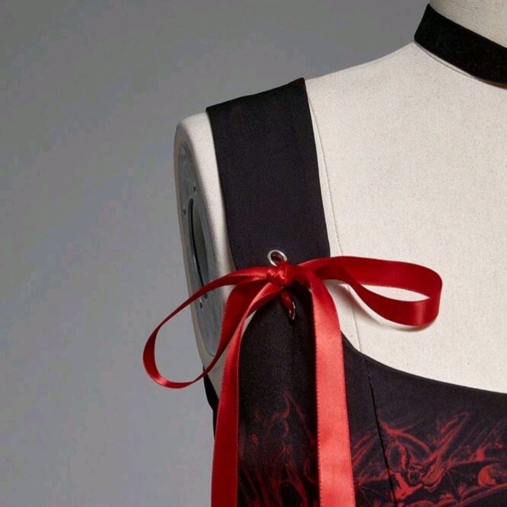 Dolls Kill Black and Red Gothic Graphic Tie-Shoulder Corset Top - Picture 6 of 6